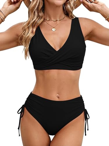 Dambikini 2 stycken dambaddräkt tvådelad Tether halterneck bikini smal passform baddräkt med remmar, svart, S