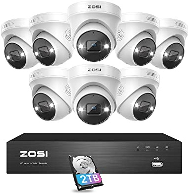 ZOSI 8CH 4K PoE Security Camera System with Person Vehicle Detection,8pcs 5MP Indoor Outdoor PoE IP Cameras,2-Way Audio,Color Night Vision,8CH 4K NVR Recorder with 2TB HDD for 24/7 Recording