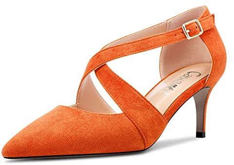 Castamere Women Mid Stiletto Heel Pointed Toe Pumps Court Shoe Cross-Strap Sexy Classic 6.5 CM Heels Orange Suede 6 UK