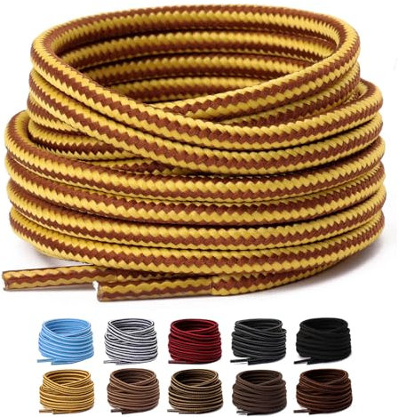 Lacets Ronds pour Bottes [2 Paires], Lacets Renforcés et Résistants pour Chaussures de Randonnée et Chaussures de Sécurité, Chaussures de Marche ou de Travail - Ø 4 mm, Jaune Banane/Marron, 122cm