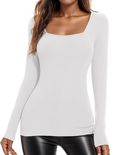 WOWENY Haut Thermique pour Femme - Pull d'hiver à col carré à Manches Longues - sous-vêtements Thermiques côtelés - T-Shirt à Manches Longues en Polaire