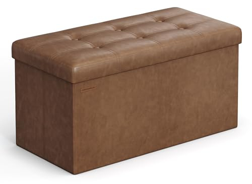 SONGMICS MAZIE Collection - Storage Ottoman Bench, 76 cm Folding Foot Rest Stool, End of Bed Bench, Easy Assembly, for Living Room, Bedroom, Entryway, Coffee Brown LSF040K51