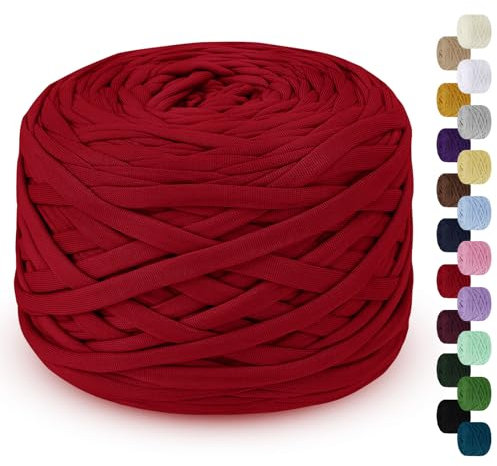 LEREATI 285g T-Shirt Garn zum Häkeln für Körbe, Bändchengarn Polyester Rope, Textilgarn für Häkelkorb Taschen Teppiche Wandbehang Makramee (Rot)