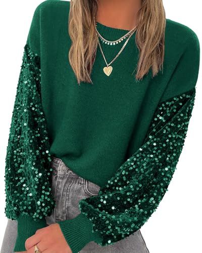 miduo Womens 2026 Winter Casual Sweaters Sequin Sparkle Crewneck Long Sleeve Pullovers Sweaterss Outfit Green S