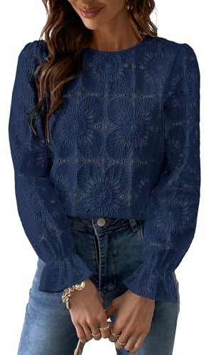 CUPSHE Blusa para mujer con recorte floral, cuello redondo, manga larga, puños elásticos, camisa elegante, Azul Oscuro, L