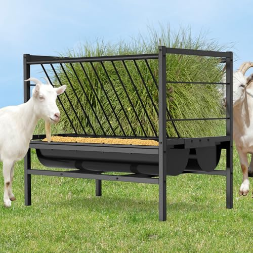 BREUAILY Gran Comedero de Heno para Caballos 2 en 1 Comedero de Heno y Granos/Sal Acero Galvanizado Porta Heno para Ovejas Dispensador de Pienso para Puestos y Corrales 107*65*90cm