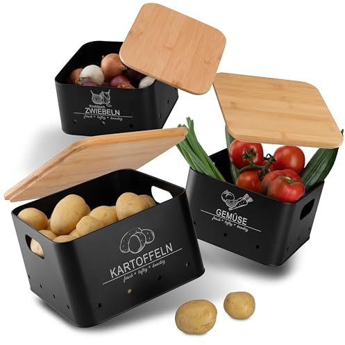 MNKsolution Kartoffel Aufbewahrungsbox mit Deckel - 3er Set - länger frisch - Kartoffel Gemüse Zwiebel Knoblauch Aufbewahrung - Küchenorganizer - Vorratsbehälter Schwarz