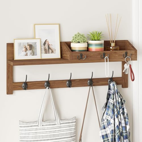 AMBIRD Wall Hooks with Shelf, 67.5 cm Entryway Wall-Mounted Wooden Coat Hooks, with Integrated Shelf for Wall-Mounted Coat Rack, with 5 Dual and 3 Key Hooks, Mail Organiser and Key Rack