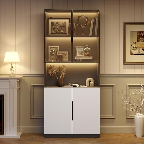 Kebnor Vitrina moderna minimalista con puertas de vidrio, vitrina con luces LED, estantería para piezas de colección, temperatura de color y brillo ajustables, 80 * 30 * 200 cm (Blanco (Tipo 5))