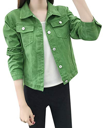 TDEOK Dam kort jeansjacka röd fritidsjacka sportig jeanskappa sommar kort jacka enfärgad denimjacka med knappar bikerjacka boyfriend jeans jacka casual arbetsjacka vintage damjacka, Grön, XXL