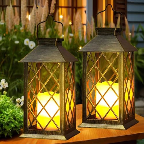 Yowin Solar Lanterns for Outside 2 Pack Large Garden Lanterns with Flickering Candle, Hanging Garden Gifts, Outdoor Waterproof Solar Ornaments for Balcony Patio Vintage Wall Decorations - Bronze