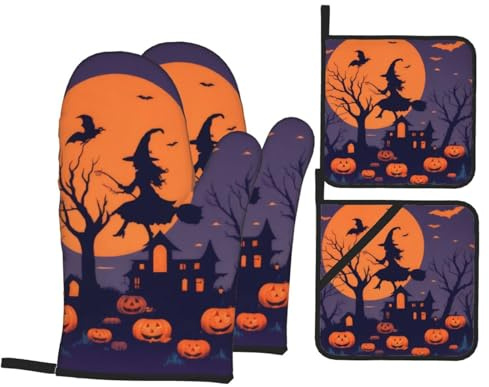 Halloween Witch Flying Oven Mitts and Potholders Sets of 4,Anti-Skid,Heat-Resistance Up to 500°f,Microwave Baking Oven Gloves,Chef Kitchen Cooking Baking BBQ Gloves,Cooking Mittens