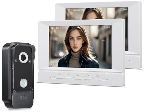QttyElok Videocitofono cablato 1080P HD, videocitofono, 2.0 MP, videocamera per campanello con visione notturna a infrarossi, impermeabile, con display LCD IPS da 7 pollici, 2 monitor, audio