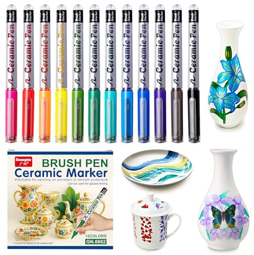 Kisvic Lápices de porcelana aptos para lavavajillas, 12 lápices de cristal aptos para lavavajillas, juego de pintura de cerámica resistente al agua, adecuado para pintar patrones en porcelana