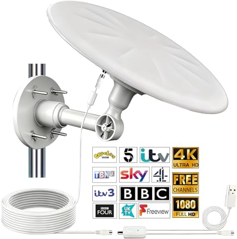CSUXYD Omni Directional TV Aerial Outdoor, Outdoor Aerial for Smart TV, 720° Long Range Reception Freeview HD Digital Signal, with Super Signal Booster, for Attic/Camping/RV/Boat(White)