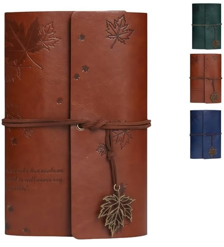 HUANYO Leather A6 Notebook, Refillable Maple Leaf Embossed Vintage Journal, 18.2x12.7cm Travel Diary Gift for Women & Men (Brown)