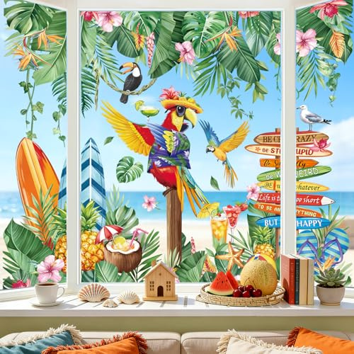 decalmile Window Clings Tropical Parrot Leaves Plant Reusable Windows Decal