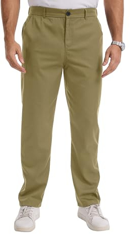 LVCBL Pantalon Chino Homme Regular Fit Stretch Tissu Léger Effet Lin Décontracté Travail Bureau Taille Élastique Kaki M