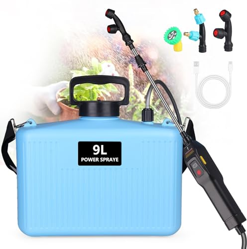 Spruzzatore Elettrico a Batteria 5L, Nebulizzatore Giardino con 3 Ugelli, Bacchetta Retrattile, Spruzzatore a Pressione Ricaricabile USB con Tracolla, Spruzzatore Elettrica per Prato, Giardino (9L)