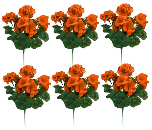 Hilai 6 st konstgjorda pelargoner, 35 cm livliga orangea blommor med stjälkar och löv falska pelargonväxter för hem, trädgård gård uteplats