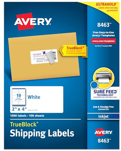Avery Printable Shipping Labels, Sure Feed Technology, 2 x 4 Customizable Stickers, White, 1,000 Blank Mailing Labels, Great for Mailing, Shipping, and More (8463)