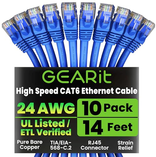 GEARit Cat6 Patch Cables Cat 6 Ethernet Cable 14 ft 10-Pack Blue