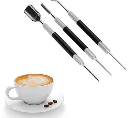 3 Pezzi in Acciaio Inox Caffè Latte Art Penna, Barista Penna Caffè Arte Set per Cappuccino Latte Caffè, Aghi per Decorare Caffè con Cucchiaio, Lancia, Spatola, Punta, Manopola, Gancio
