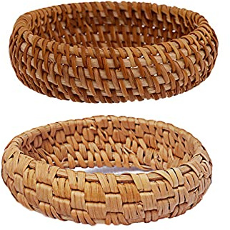 COLORFUL BLING 2Pcs Handwoven Wooden Braided Rattan Knit Cuff Bracelet Natural Bamboo Square Round Geometric Chunky Wrap Bangle for Women Ethnic Tribal Wrist Jewelry-A rattan