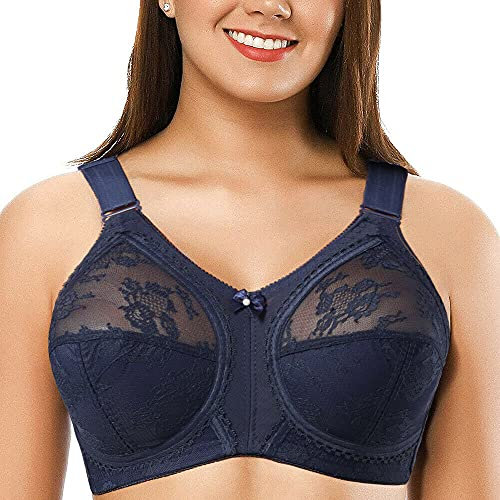 Ayigedu Plus Size Non Wired Lace Non Padded Full Coverage Bra Minimizer Firm Hold 44-E Blue
