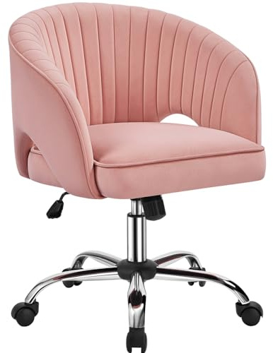 Yaheetech Poltroncina/Sedia da Ufficio Scrivania Ergonomica in Velluto Imbottita a Rotelle Girevole Reclinabile Altezza Regolabile Rosa