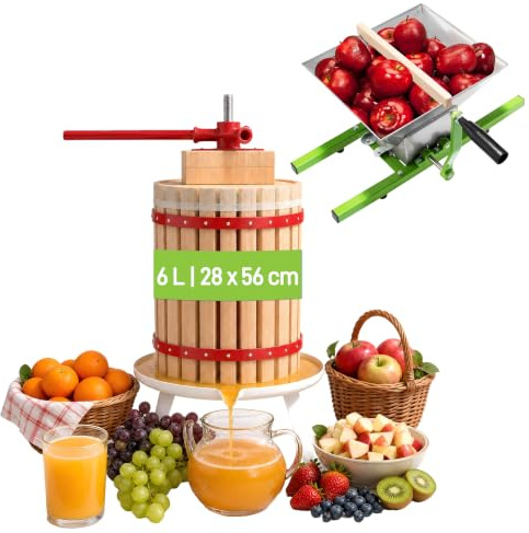 XMTECH Exprimidor mecánico de frutas de 6 litros con paño de prensa + 7 l molinillo de frutas, triturador de uvas, exprimidor de manzanas con manivela