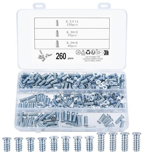 260 Pcs Vis Euro pour Meubles à Tête Fraisée Plate - Fixation à Empreinte Pozidriv pour Armoire, Placard, Glissière de Tirage - 6,3 mm x 11/13/16 mm