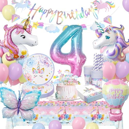 Vajilla para Fiesta de Unicornio, Mariposas 4 Años Fiesta Cumpleaños Niñas, Unicornio Vajilla Cumpleaños Decoracion Incluye Platos Taza Servilletas para 4 Años16 Invitados