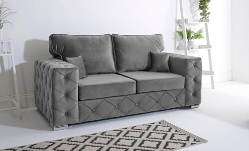 Sofahub Milton Steel Plush Velvet Sofa - Button Tufted Design, Foam Cushion Seats & Chrome Feet | 2 Seater Sofa - Living Room Sofa Set - 2 Seater Couch Settee | High Back Upholstered (Steel, 2 Seater)
