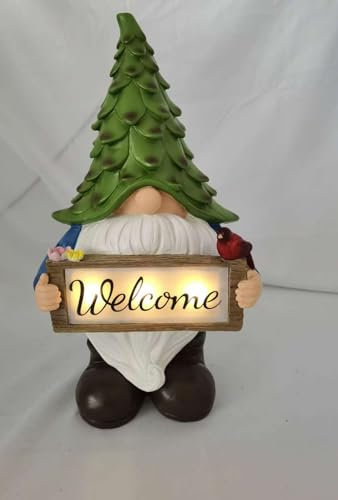 hvfun Large Garden Gnome Statue with Solar Lights, 13.5” Welcome Sign Gnome Outdoor Decor for Yard Lawn Patio, Funny Resin Gnome Sculptures, Gifts for Women Mom Grandma,Garden Decor Ornament