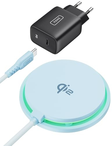INIU Induktionsladdare iPhone ljusblå, 15 W Qi2 certifierad snabbladdare kompatibel med laddare, trådlös laddare för iPhone 16 Pro 15 14 13 12 Plus, med USB-C-kabel och adapter ingår