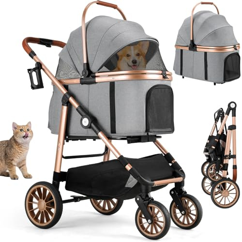 4-i-1-hundvagn, hundvagn upp till 25 kg, 360° gummihjul med vibrationsdämpning, vikbar hundbarnvagn, gallerfönster, säkerhetsbälte, hundvagn, terrängvänlig, kattvagn (grå)