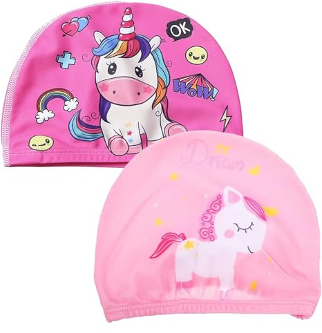 Swim Cap for Kids Waterproof, 2 Pieces Kids Swimming Cap Set, Unisex Swimming Bathing Caps, Comfortable Large Baby Waterproof Polyester Cartoon Swim Caps,for Children, teenager