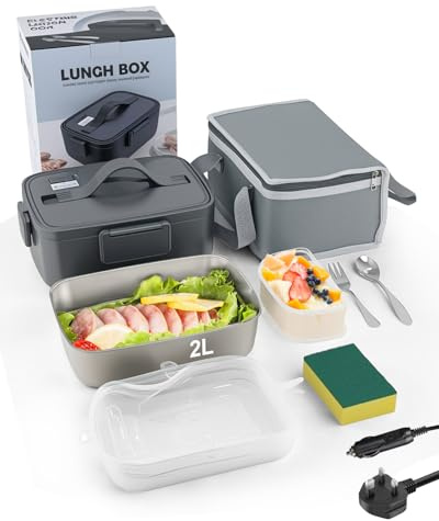 Lorrtta Scaldavivande Elettrico Portatile da 100W, 2L Portapranzo Termico con Vassoio in Acciaio Inossidabile Rimovibile, Set Posate, Borsa Termica, Ideale per Ufficio, Auto, Scuola, Bambini