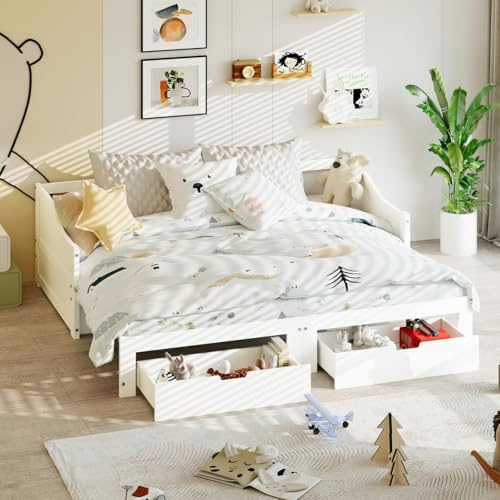 ZHDOKA Bäddsoffa konvertibel 90/180 x 200 cm, dagsäng med 2 förvaringslådor, funktionella sängar med ribbotten, utdragbara enkel- och dubbelsängar, solid träram, vit