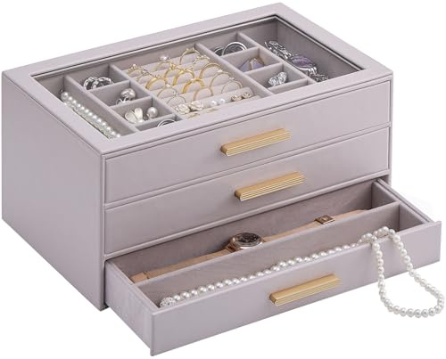 Lolalet Caja Organizadora de Joyas de 3 Niveles con Tapa de Vidrio, Joyero para Anillos Pendientes Pulseras y Collares, Estuche de Almacenamiento para Mujer y Niña, Regalo Elegante – 3 Capas, Morado