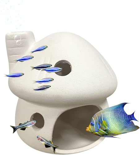 Décoration d'aquarium en forme de champignon - Accessoires en céramique pour aquarium - Cachette de poisson rouge - Grotte de crevettes - Maison de crapaud - Décoration d'aquarium - Blanc
