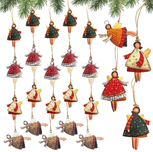 24 Pezzi Ciondoli Angelo, Decorazioni per Alberi di Natale, Angelo Custode in Legno e Metallo, Regalo, Portafortuna per Capodanno e Decorazioni Natalizie