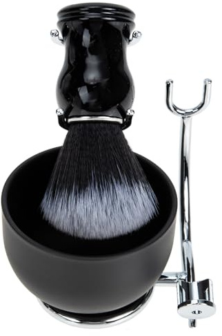 Sewroro Kit de Rasage pour Hommes 3 Pièces Support en Alliage de Fer Blaireau à Barbe Soyeux Bol à Raser Noir et Argenté Exfoliation Douce et Mousse Dense pour Soin Visage et Moustache