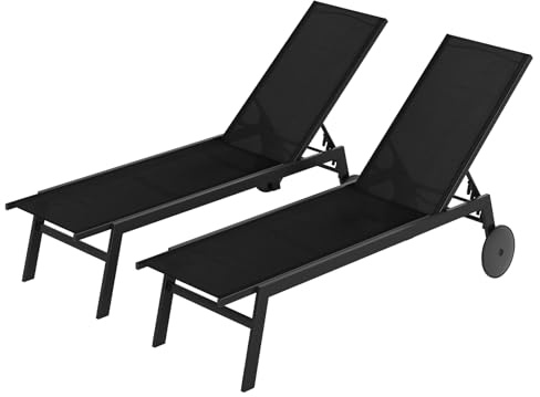 GIANTEX Set di 2 Sdraio da Giardino Reclinabili, Sedia da Abbronzatura Piatta in Metallo Resistente con Schienale 6 Posizioni e Tessuto Traspirante, per Bordo Piscina e Terrazza (Nero,2)