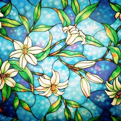 Lifetree Stained Glass Window Film Privacy: Frosted Window Film Self Adhesive Floral Privacy Film Decorative Window Stickers Static Cling UV Blocking for Home Office (Blue, 44.5 * 200cm)