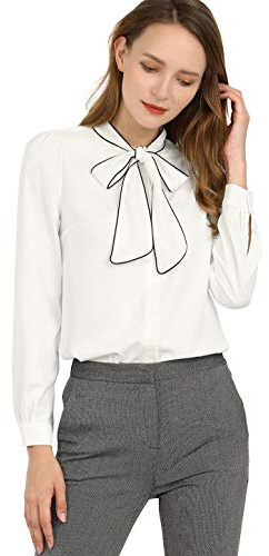 Allegra K Women's Elegant Pussy Bow Cuffed Long Sleeve Work Tie Neck Shirt White M-12