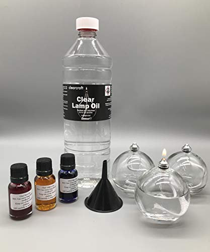 CLEARCRAFT 3 x Mini Ball Oil Candle Lamp Burners With 1 Litre Of Odourless Sootless Lamp Oil (Inc. Free Funnel) Bundle Plus Dye Pack