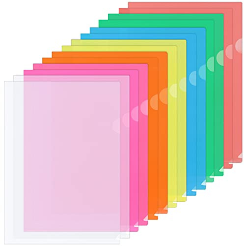 ZCZN A4 Plastic Folders, 14pcs Plastic Sleeves A4 Cut Flush Folders Open Top & Side, Bright Transparent Assorted Colours, Pack of 14