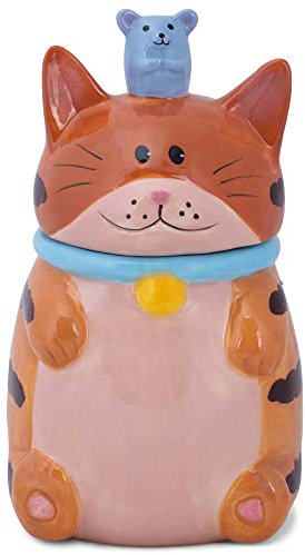 100 North Dolomite Ceramic 10 x 6.3 Everyday Cookie & Candy Jar with Airtight Lid: Perfect for Kitchen Canisters, Pet Treat Containers & Decorative Storage, Orange Tabby Striped Cat and Mouse